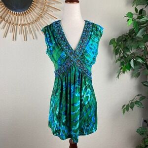 Vintage y2k Cache green & blue tropical print tunic top tank size XS